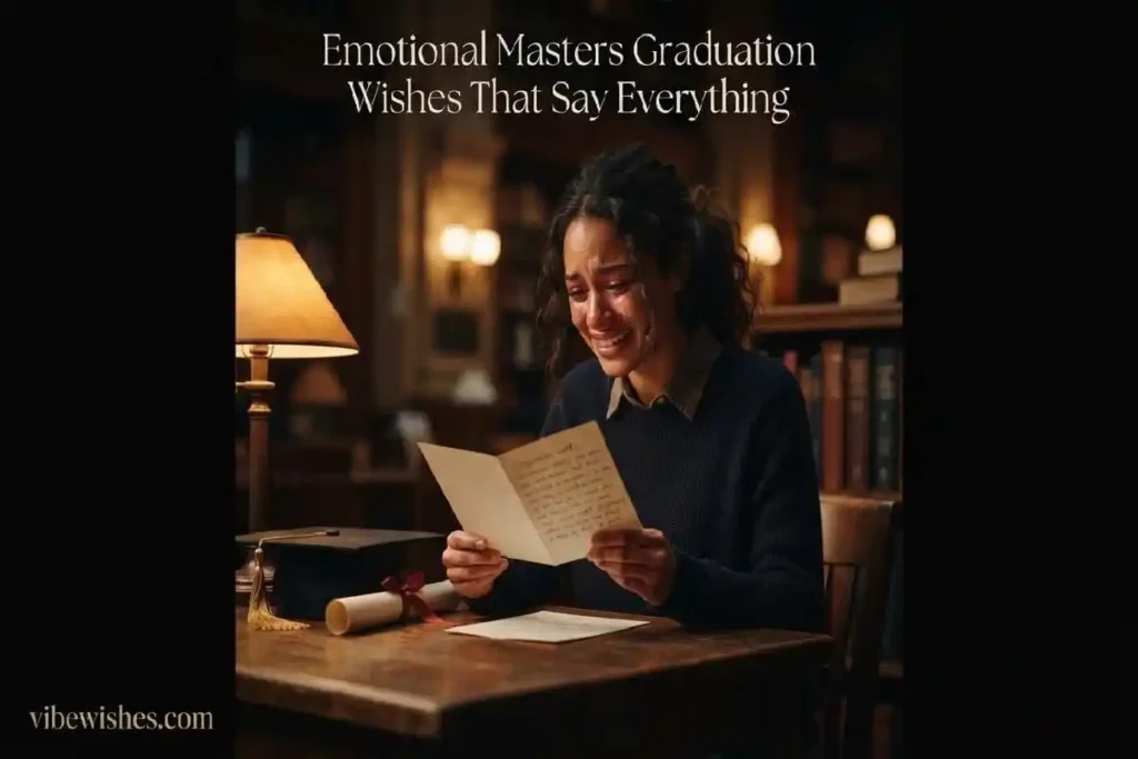 "Masters graduate reading emotional graduation card in warmly lit study representing heartfelt emotional masters graduation wishes"