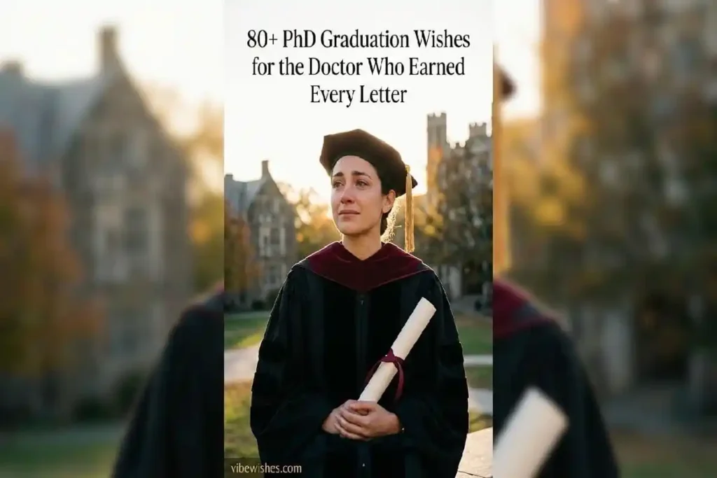 "PhD graduate reading emotional graduation card alone in academic library representing deeply emotional PhD graduation wishes"