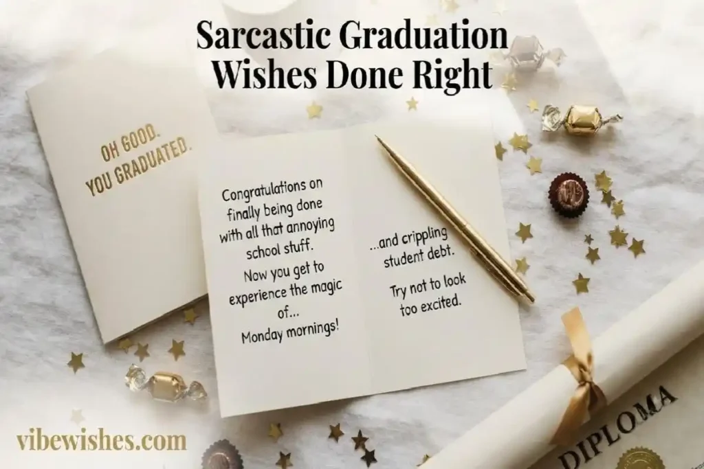  "Open graduation card with sarcastic handwritten message and gold pen on white linen surface representing witty sarcastic graduation wishes"
