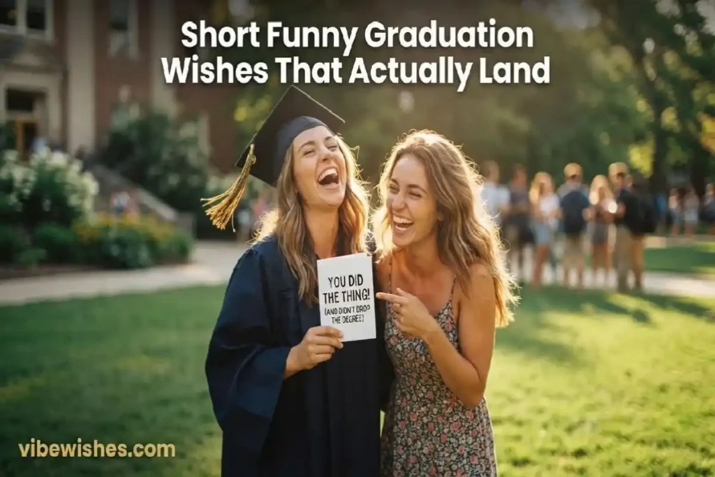 "Two best friends laughing together at a funny short graduation wish card outdoors on graduation day"
