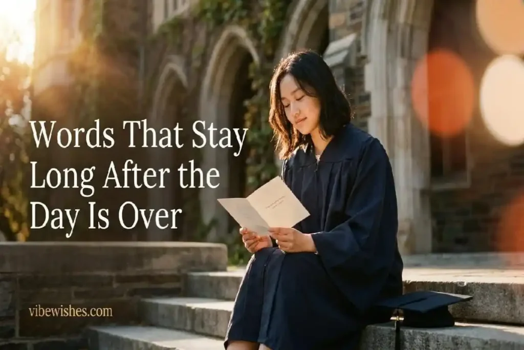 "Confident graduate looking directly at camera with determined expression against golden city background representing motivational graduation messages"