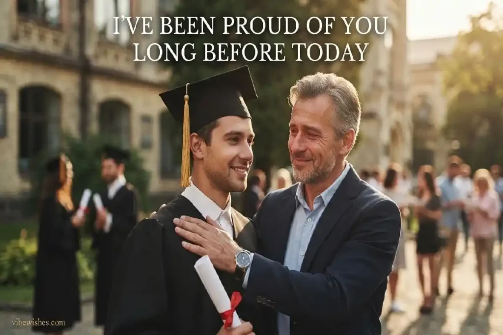 "Proud father with hand on graduate son's shoulder sharing quiet emotional moment on sunlit campus representing heart touching graduation messages"