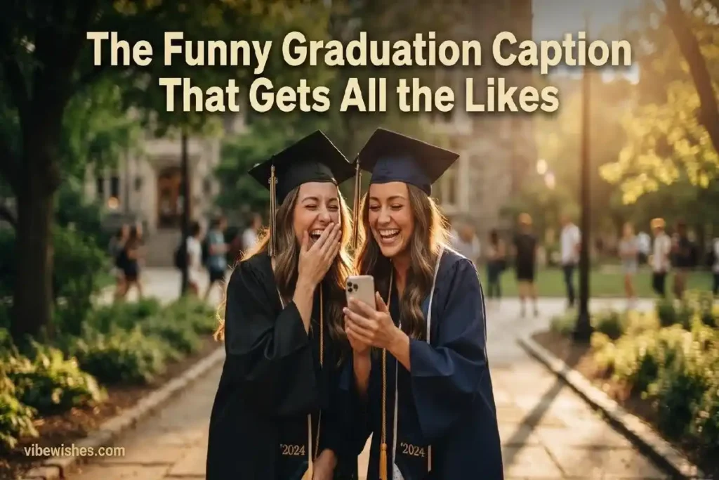 "Two best friends in graduation gowns laughing at funny graduation Instagram caption on phone on sunny campus"