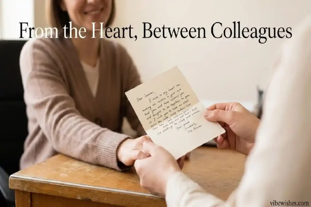 "Hands exchanging a heartfelt handwritten birthday card between coworkers at the office"