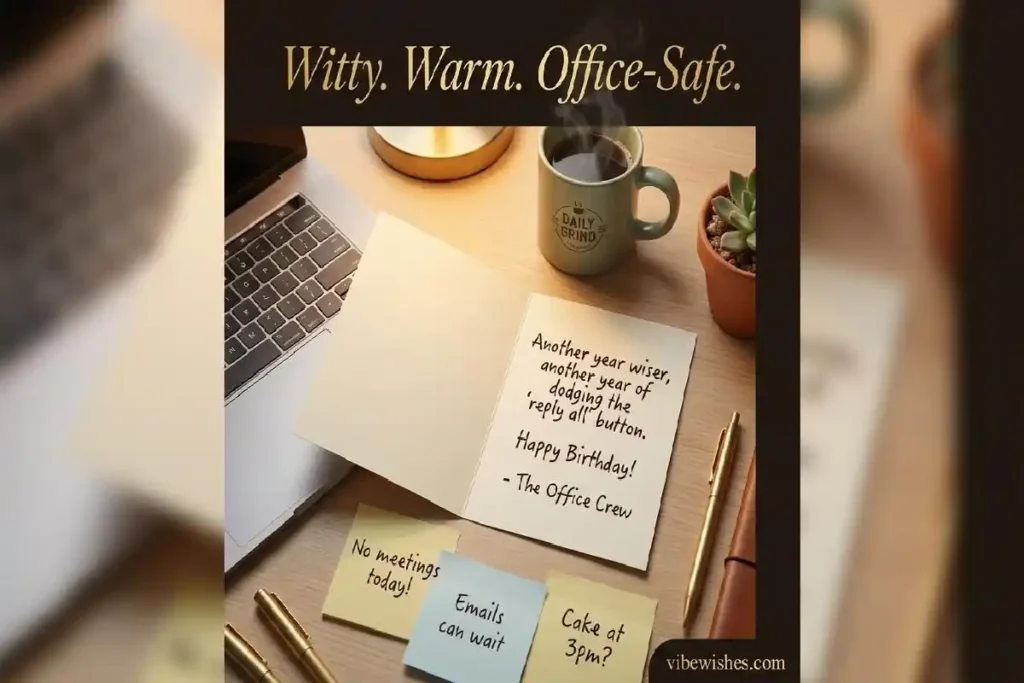 "Open funny birthday card on office desk with coffee and sticky notes showing witty office-safe coworker birthday message ideas"