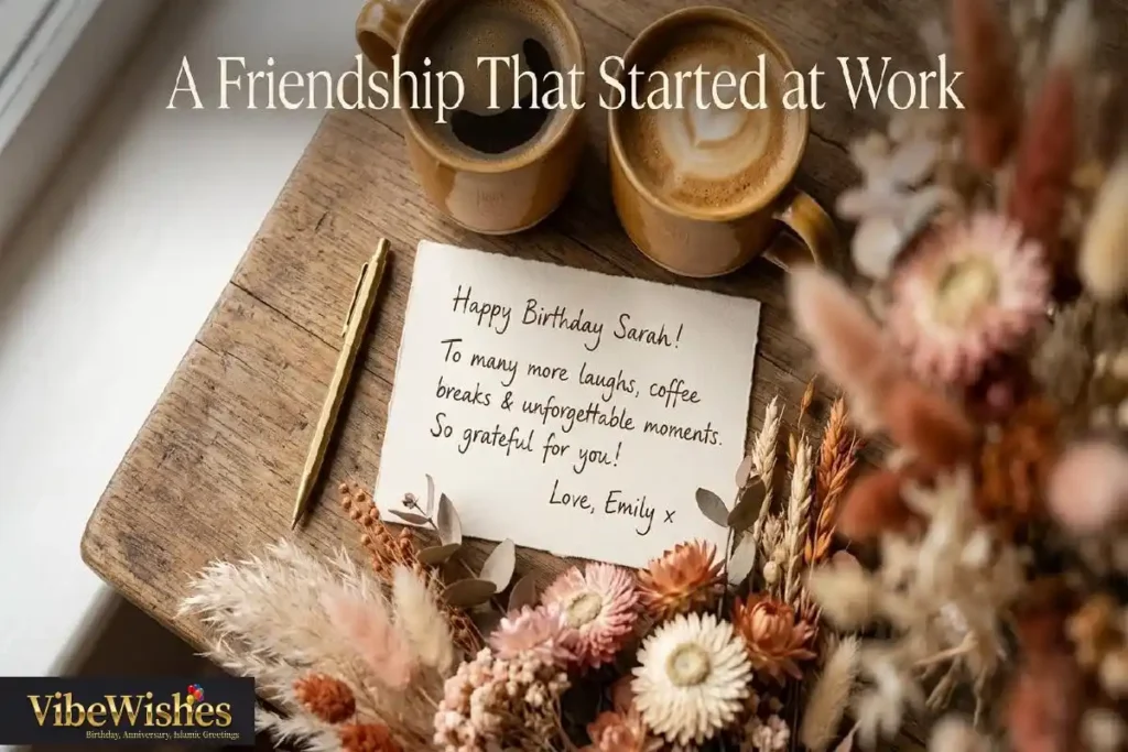"Handwritten birthday note beside two coffee cups and flowers representing genuine birthday wishes for a work friend"