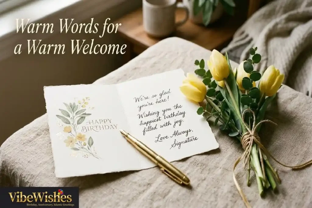 "Open birthday card with heartfelt handwritten message and yellow tulips showing warm birthday wishes for new colleague"