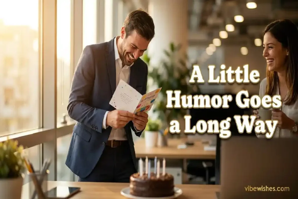"Boss laughing at funny birthday card in office showing humorous birthday wishes for boss from coworker"