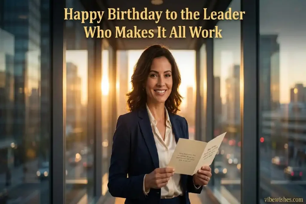 "Professional woman holding birthday card near office window representing professional birthday wishes for a boss or manager"