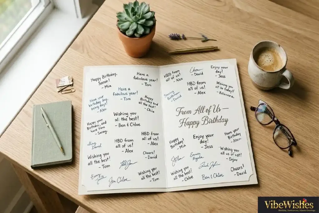 "Birthday card signed by entire team with multiple handwritten messages representing birthday wishes for manager from employees collectively"