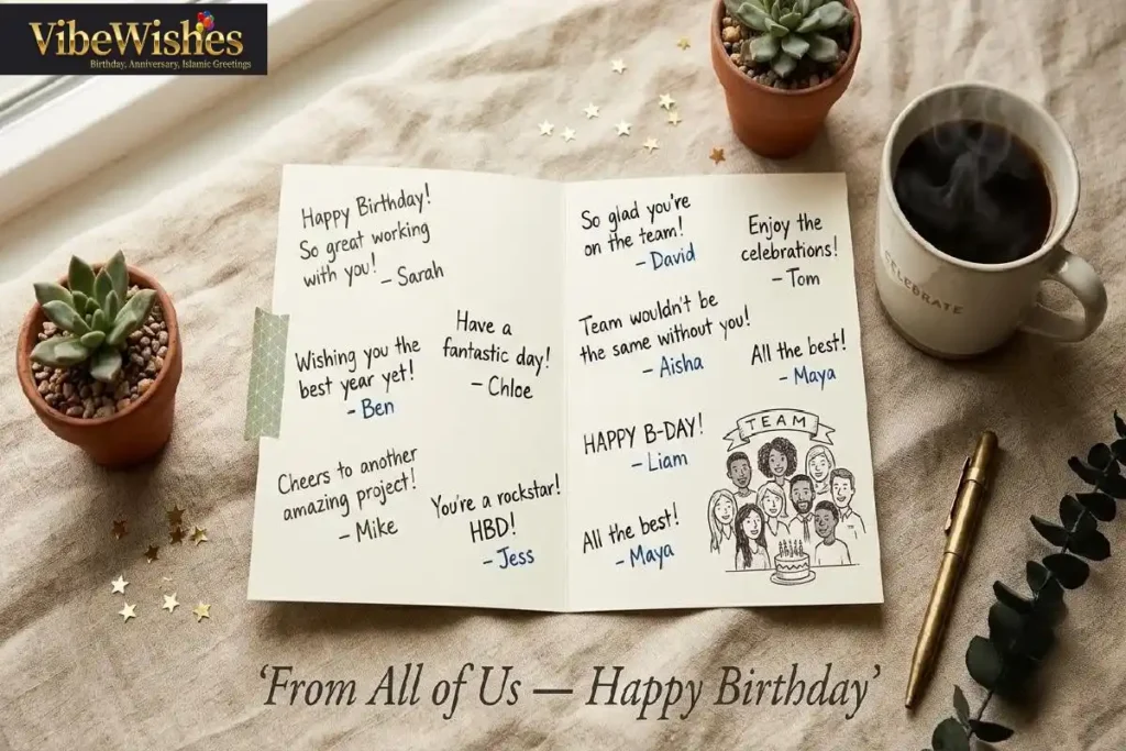 "Birthday card signed by entire team with multiple handwritten messages representing birthday greeting for team lead from the whole group"