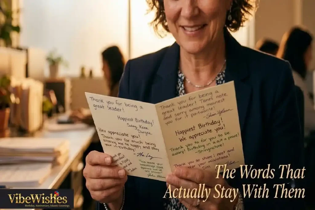 "Manager reading deeply meaningful team birthday card with touched expression representing deep collective birthday wishes for manager"