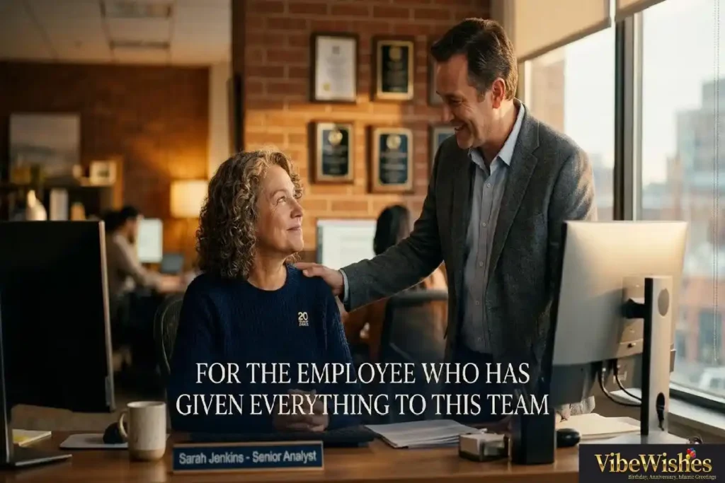 "Manager acknowledging long-serving employee at desk representing birthday wishes for loyal employee from a grateful manager"