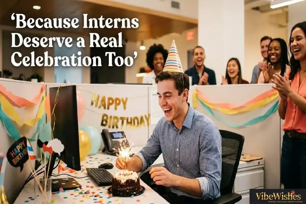 "Laughing intern celebrating birthday in office with colleagues showing funny and warm birthday wishes that create real workplace celebration moments"