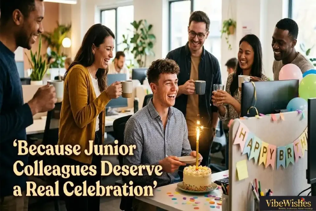 "Junior male colleague laughing during office birthday celebration showing funny and warm birthday wishes that create genuine team celebration moments"