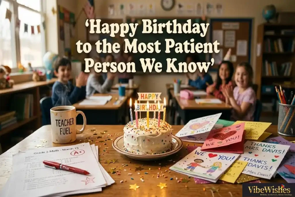  "Cheerful birthday cake and handmade cards on teacher's desk representing funny birthday wishes for teacher who deserves a day off from grading"