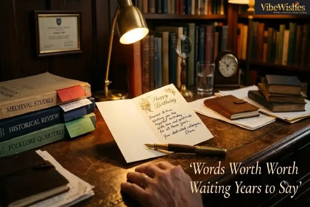 "Birthday cake on stack of academic papers with coffee and reading lists representing funny birthday wishes for professor who deserves a day off from student emails"