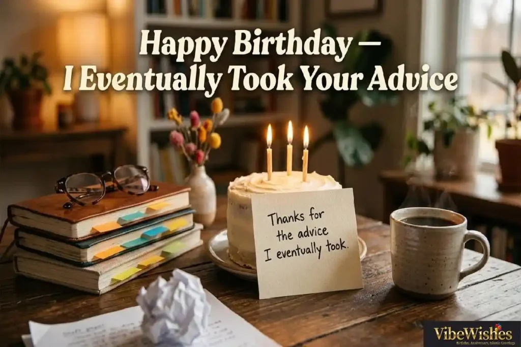  "Birthday cake and handwritten card on warm desk representing funny birthday wishes for mentor who patiently gave advice that was eventually taken"