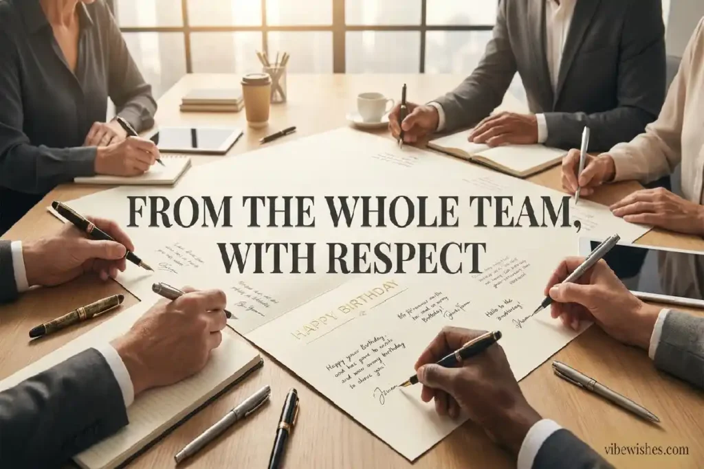 "Multiple team members hands signing birthday card together representing formal birthday wishes for boss on behalf of the team"