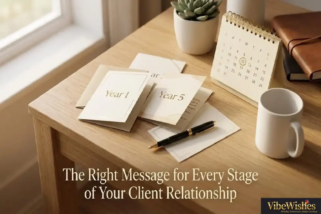 "Birthday cards at different stages on professional desk representing business birthday wishes for client tailored to every type of client relationship"