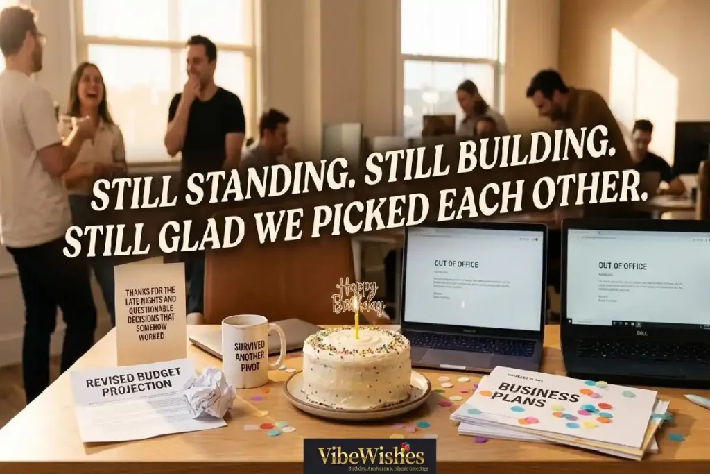 "Birthday cake surrounded by humorous business items and coffee mug representing funny birthday wishes for business partner who survived pivots and late nights together"