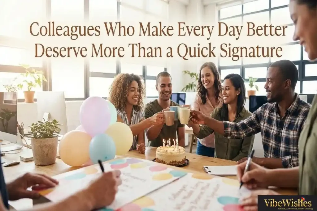 "Office colleagues celebrating birthday with cake and card in modern workspace representing warm business birthday greetings for coworker that strengthen professional relationships"