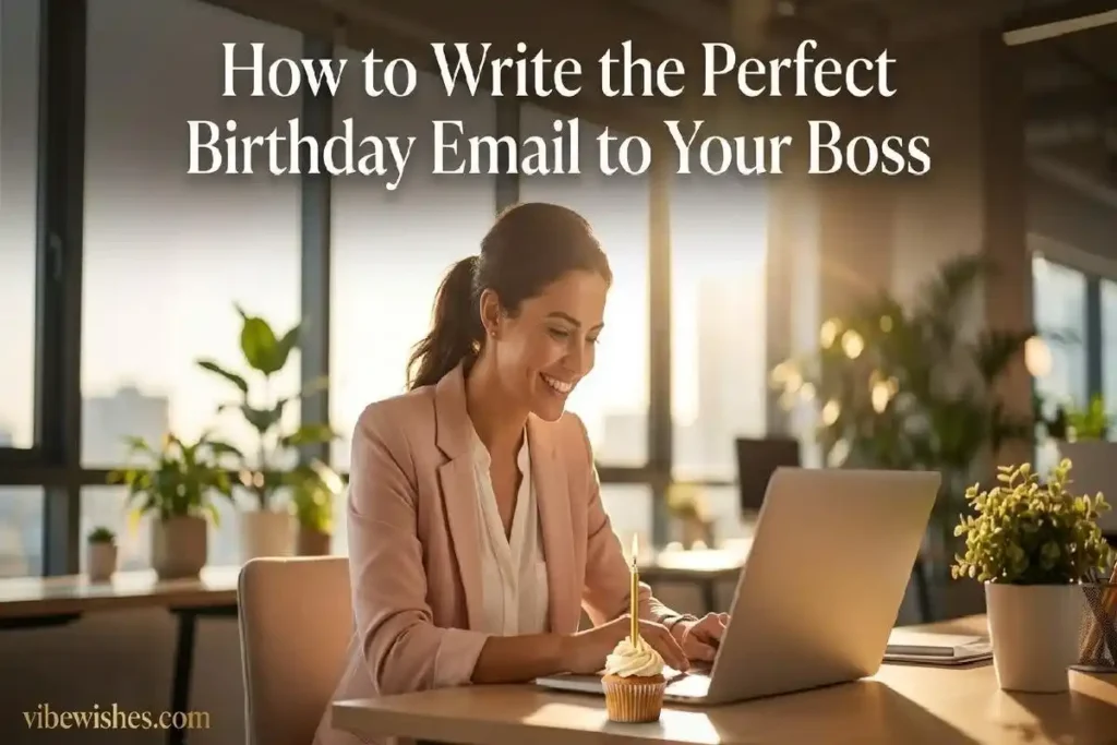 "Professional woman smiling at laptop beside birthday cupcake in bright office showing how to write the perfect birthday email to boss"