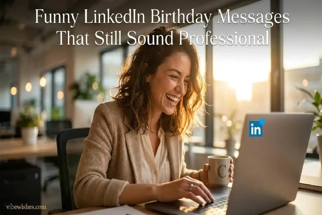  "Young professional laughing at laptop at modern office desk representing funny yet professional LinkedIn birthday messages"