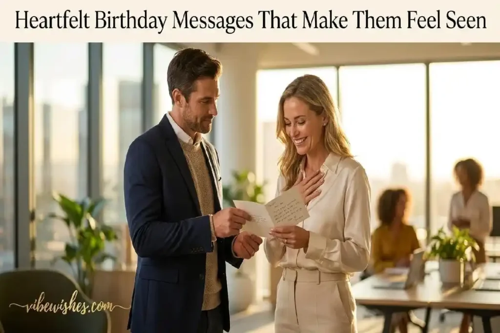 "Two office colleagues sharing a heartfelt birthday card moment representing a warm birthday wish for work group chat"