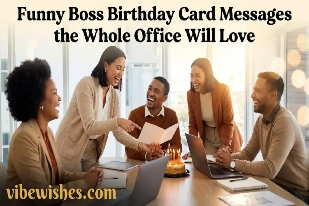  "Diverse office team laughing over a funny birthday card message for boss at a conference table representing witty boss birthday card wording"