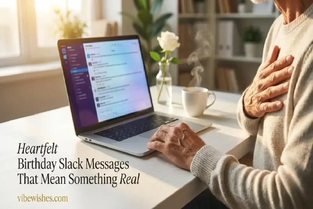 "Professional placing hand over heart beside laptop showing a heartfelt birthday Slack message for coworker on screen"