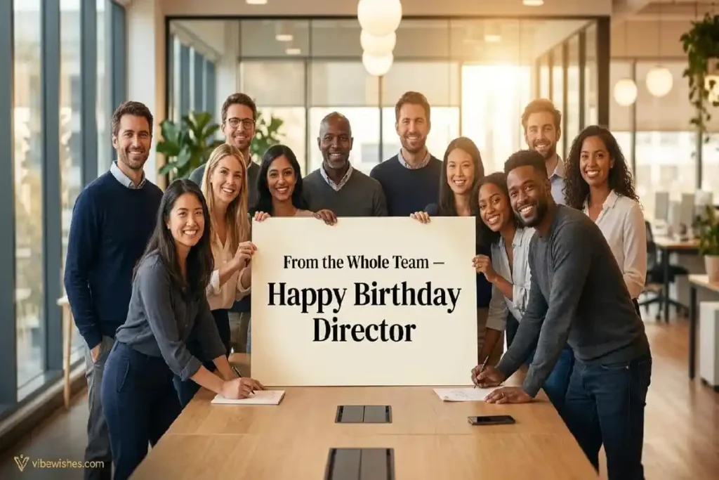  "Diverse professional team signing a birthday card together in a modern office representing happy birthday to our director team messages"
