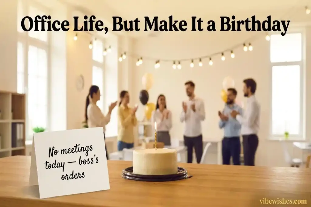 "Office break room birthday celebration with cake and funny card representing light hearted birthday wishes for boss about work life"