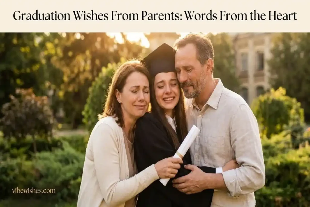 "Proud parents embracing their graduating daughter outdoors representing emotional graduation wishes from parents"