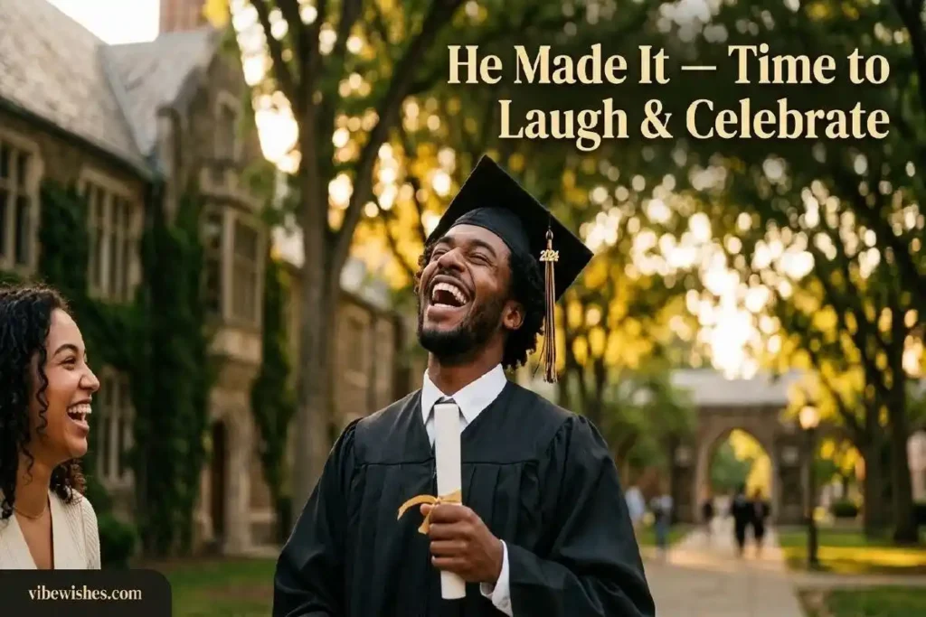 "Young man in graduation cap laughing joyfully representing funny graduation wishes for boyfriend from girlfriend"