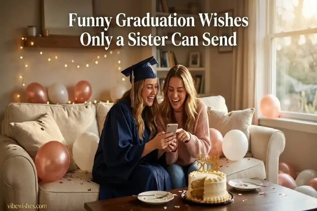 "Two sisters laughing together on graduation day surrounded by balloons and cake representing funny graduation wishes for sister"
