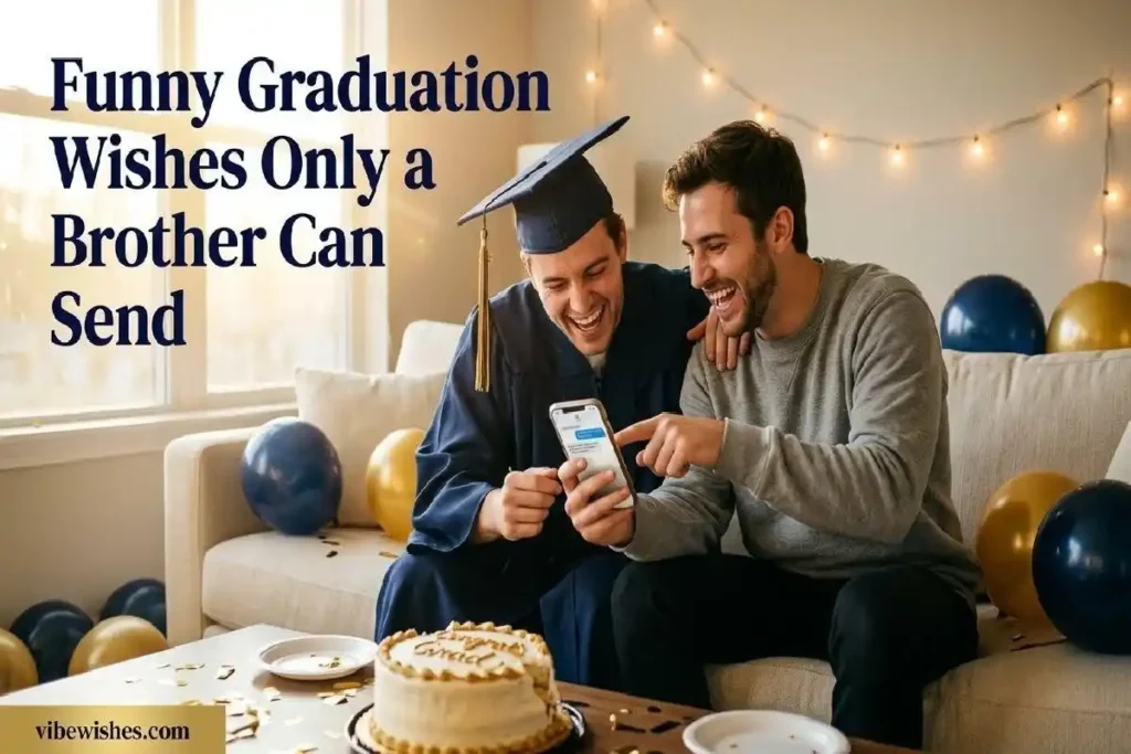 "Two brothers laughing together during graduation celebration with balloons and cake representing funny graduation wishes for brother"