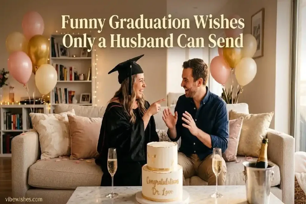 "Husband and wife laughing together during graduation celebration with balloons and cake representing funny graduation wishes for wife"