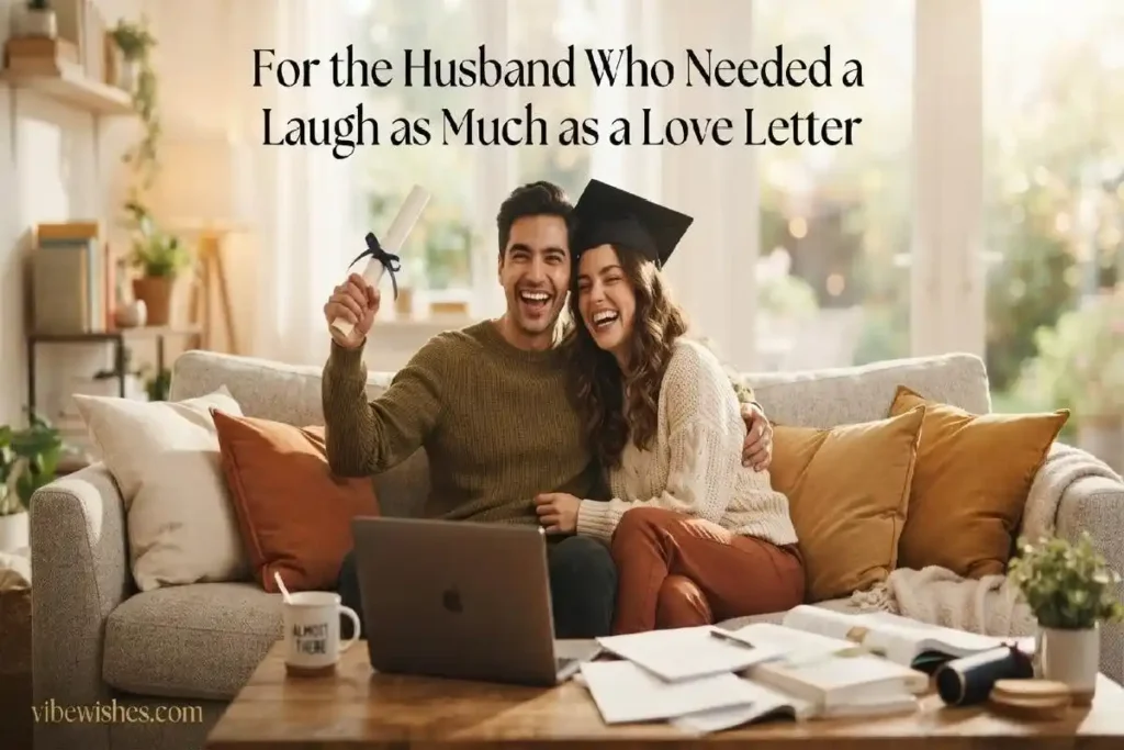 "Laughing couple on sofa with graduation diploma and cap representing funny and loving graduation wishes for husband from wife"
