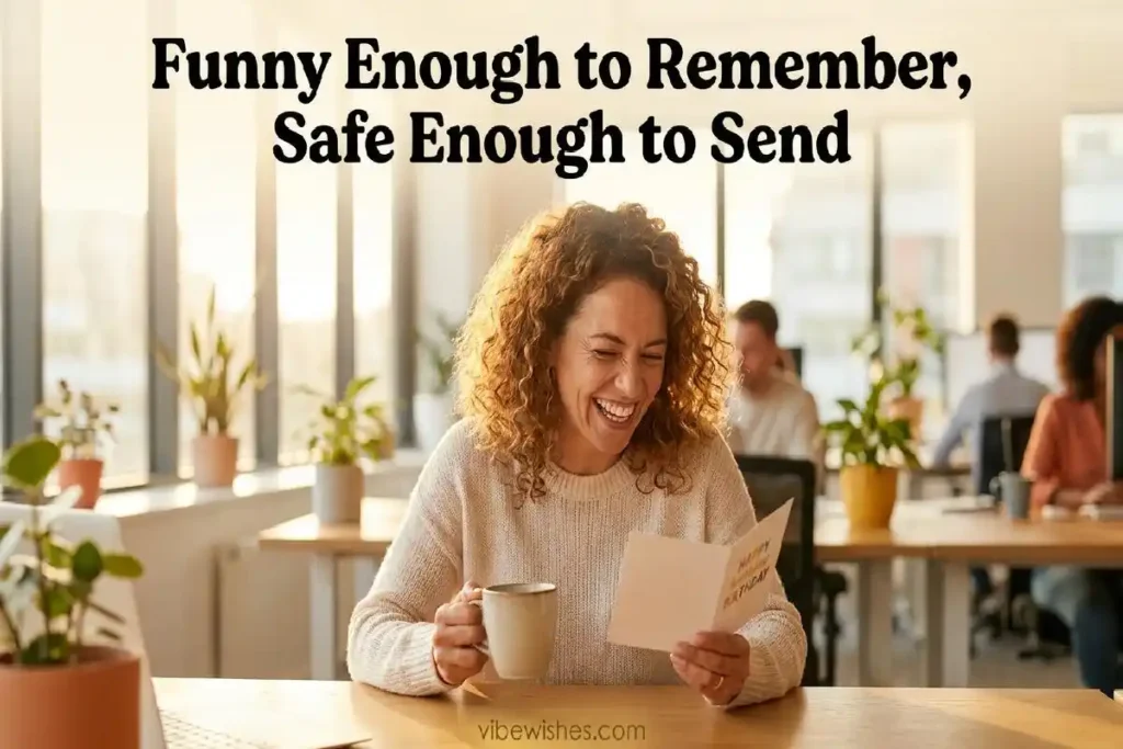 "Person laughing at funny birthday card in office representing short funny birthday wishes for boss that are witty and workplace safe"