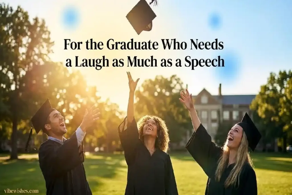 "Group of friends in graduation caps and gowns laughing and tossing cap in air representing funny high school graduation wishes"