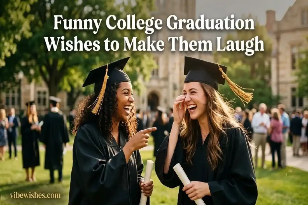 "Two college graduates in caps and gowns laughing together on campus representing funny college graduation wishes for best friends"
