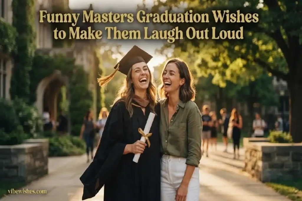 "Masters graduate and friend laughing together on sunny university campus representing funny masters graduation wishes"