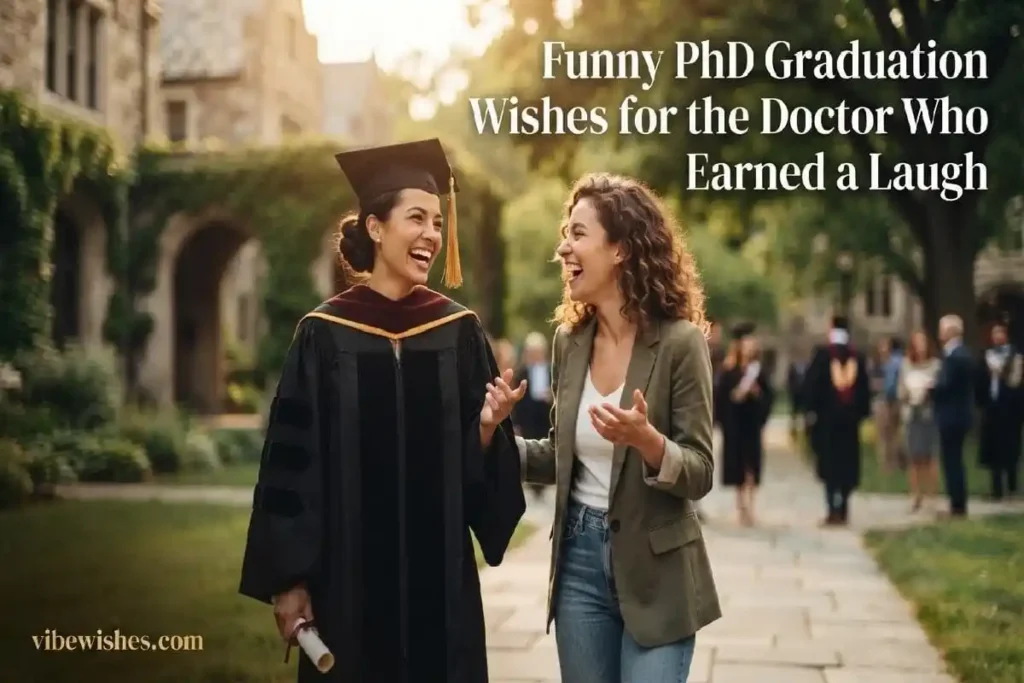 "PhD graduate in doctoral regalia laughing with friend on sunny university campus representing funny PhD graduation wishes"
