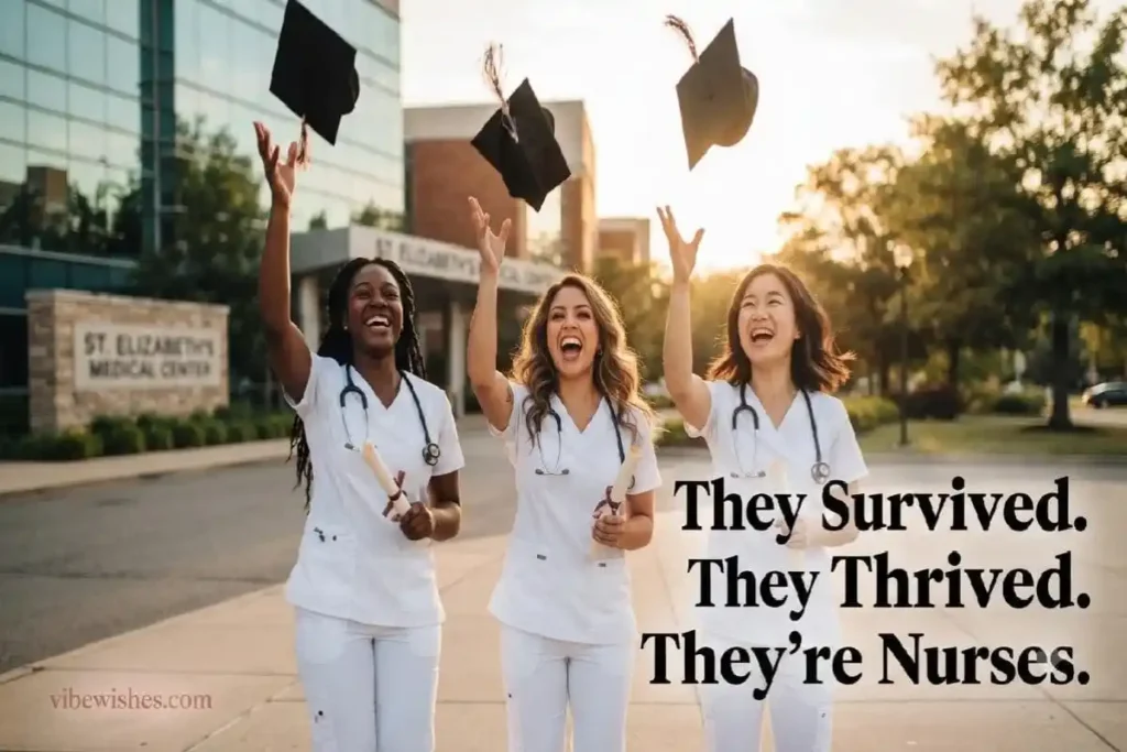 "Nursing graduates laughing and celebrating together representing funny nursing graduation wishes and joyful messages for new nurses"