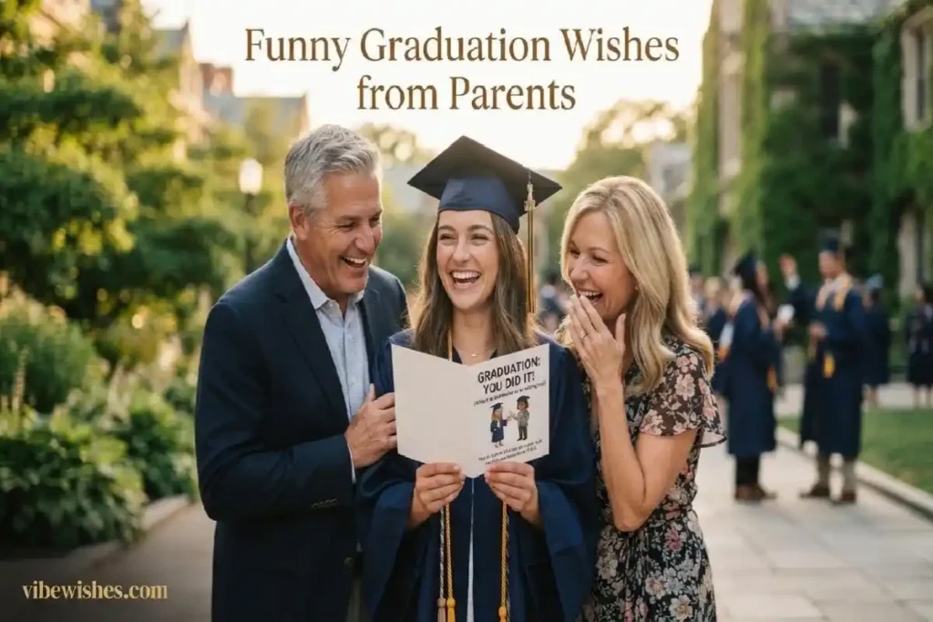 "Parents and graduate laughing together at funny graduation card in sunny university courtyard representing funny graduation wishes from parents"
