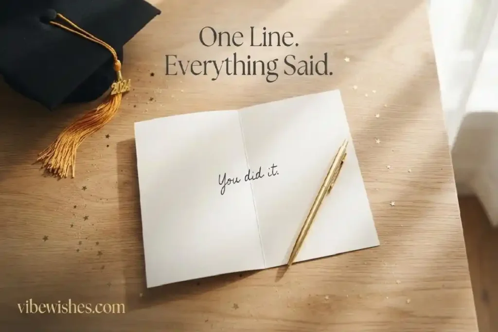 "Minimalist graduation card with single handwritten one-line graduation wish on warm oak desk with gold pen and graduation cap"