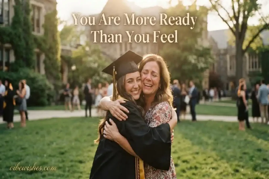 "Parent embracing graduate child in cap and gown on sunlit campus representing encouraging graduation wishes full of belief and pride"
