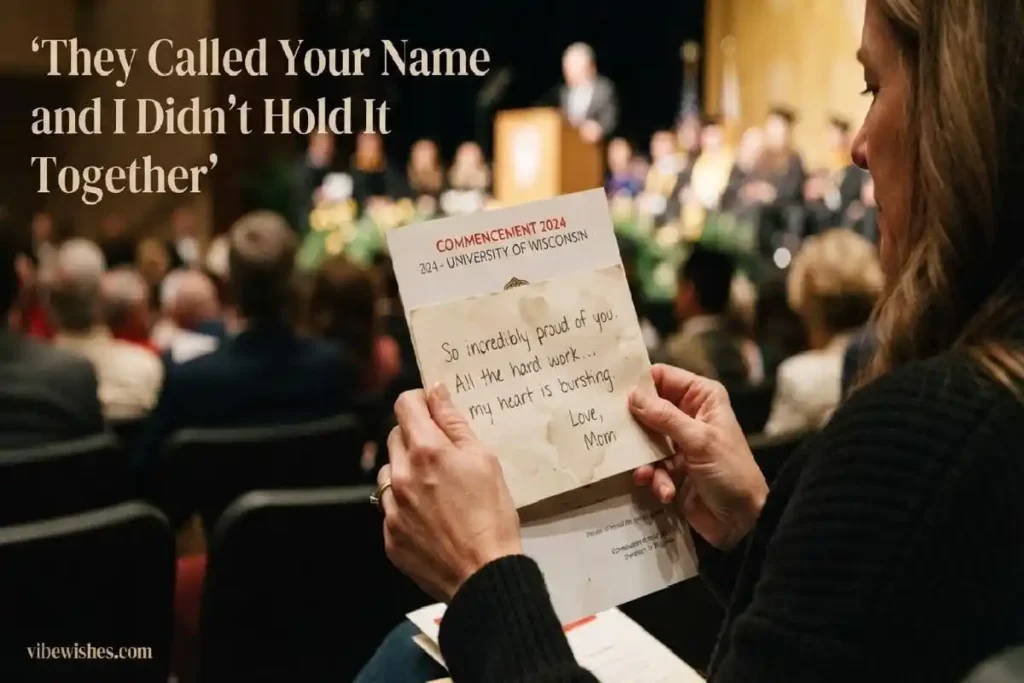 "Trembling hands holding graduation card with tears on the page representing tearful graduation wishes from a proud parent"