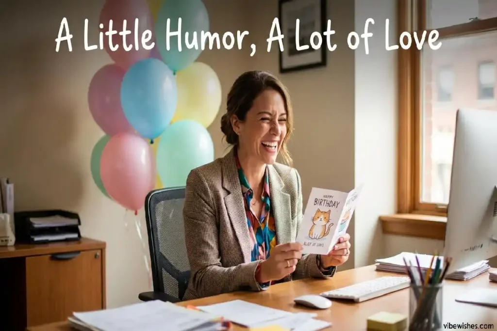 "Female boss laughing while reading a funny birthday card at her office desk"
